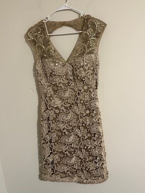 Sue Wong nocturne vintage champagne Gold and Cream Lace Embellished Mini Dress 8